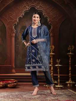 Stylum - Navy Blue Embroidered Silk Straight Kurta with Pant and Dupatta
