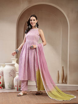 Stylum - Lavender Leheriya Printed Cotton Flared Kurta with Pant and Dupatta
