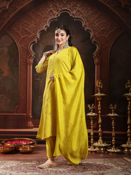Stylum - Lime Green Solid Silk Blend A-Line Kurta with Pant and Dupatta