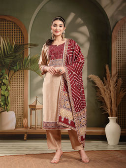 Stylum - Beige Printed Motifs Silk Blend Straight Kurta with Pant and Dupatta