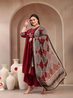 Stylum - Plus Size Maroon Solid Cotton Kurta with Pant and Dupatta