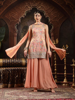 Stylum - Peach Floral Printed Silk Blend Kurti with Palazzo and Dupatta