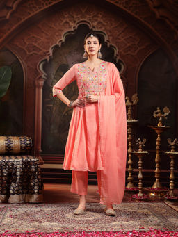 Stylum - Peach Embroidered Cotton Anarkali Kurta with Pant and Dupatta