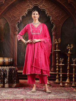 Stylum - Pink Embroidered Shenton Anarkali Kurta with Pant and Dupatta