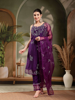 Stylum - Purple Embroidered Organza Kurta with Pant and Dupatta