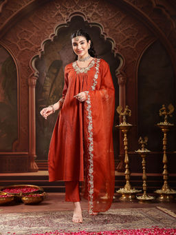 Stylum - Rust Embroidered A-Line Kurta with Pant and Dupatta