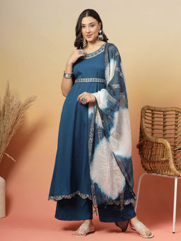 Stylum - Teal Solid Crepe Anarkali Kurta Palazzo with Dupatta and Belt