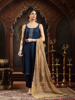 Stylum - Navy Blue Solid and Embroidered Kurta with Pant and Dupatta