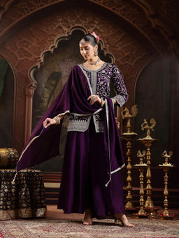 Stylum - Purple Embroidered Georgette Kurti with Palazzo and Dupatta