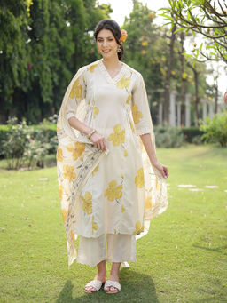 Stylum - White Floral Printed Cotton A-Line Kurta with Pant and Dupatta