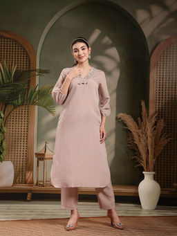 Stylum - Brown Solid and Embroidered Silk Blend Straight Co-Ord Set