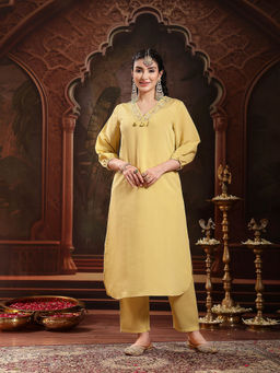 Stylum - Yellow Solid and Embroidered Silk Blend Straight Co-Ord Set