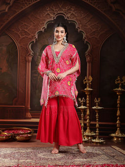 Stylum - Pink Bandhej Printed Crepe Kaftan with Sharara