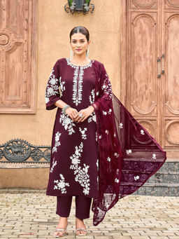 Tikhi Imli - Burgundy Silk Blend Embroidered Kurta and Pant with Dupatta