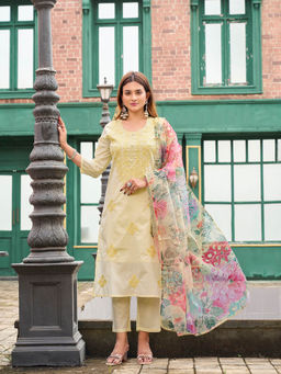 Tikhi Imli - Yellow Cotton Embroidered Kurta and Pant with Printed Dupatta