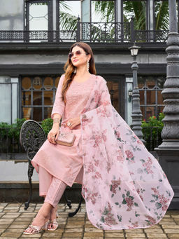 Tikhi Imli - Peach Cotton Embroidered Kurta and Pant with Printed Dupatta