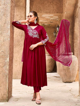 Tikhi Imli - Red Embroidered A-Line Kurta and Pant with Dupatta
