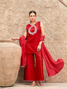 Tikhi Imli - Red Silk Blend Embroidered Kurti and Palazzo with Dupatta