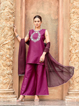 Tikhi Imli - Purple Silk Blend Embroidered Kurti and Palazzo with Dupatta