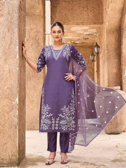 Tikhi Imli - Purple Silk Blend Embroidered Kurta and Pant with Dupatta