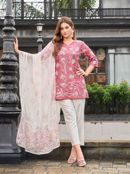 Tikhi Imli - Peach Embroidered Short Kurti and Pant with Dupatta