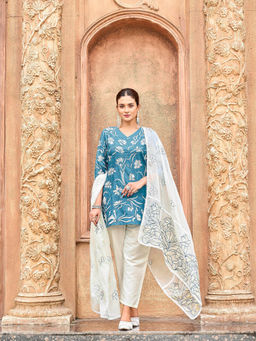 Tikhi Imli - Blue Embroidered Short Kurti and Pant with Dupatta