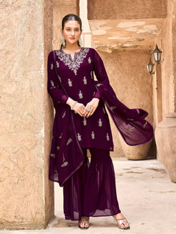 Tikhi Imli - Wine Georgette with Zari Work Kurta and Sharara with Dupatta