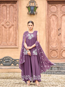 Tikhi Imli - Purple Georgette Embroidered Kurti and Palazzo with Dupatta