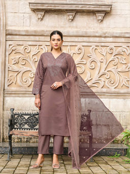 Tikhi Imli - Brown Silk Blend Thread and Sequined Kurta and Pant with Dupatta
