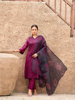 Tikhi Imli - Burgundy Pure Cotton Embroidered Kurta and Pant with Printed Dupatta