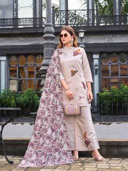 Tikhi Imli - Beige Silk Blend Embroidered Kurta and Palazzo with Dupatta