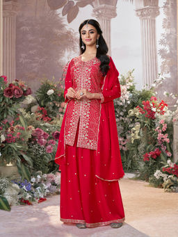 Seerat - Red Embroidered Silk Chiffon Kurta with Palazzo and Dupatta