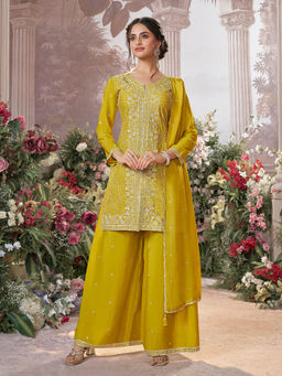 Seerat - Yellow Embroidered Silk Chiffon Kurta with Palazzo and Dupatta
