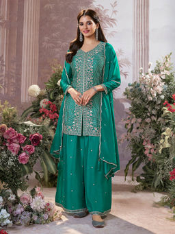 Seerat - Green Embroidered Silk Chiffon Kurta with Palazzo and Dupatta