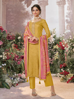 Seerat - Mustard Printed Kurta with Pant and Contrast Dupatta