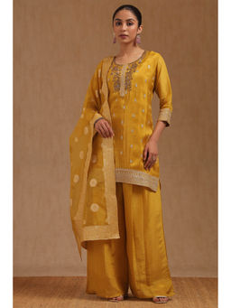 Soch - Mustard Tissue Embroidered Kurti with Palazzo and Dupatta