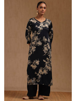 Soch - Women Navy Blue Satin Floral Print Kurta with Pant