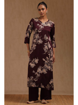 Soch - Women Burgundy Satin Floral Print Kurta Set Pearl