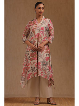 Soch - Women Beige Linen Blend Botanical Print Kurta with Palazzo