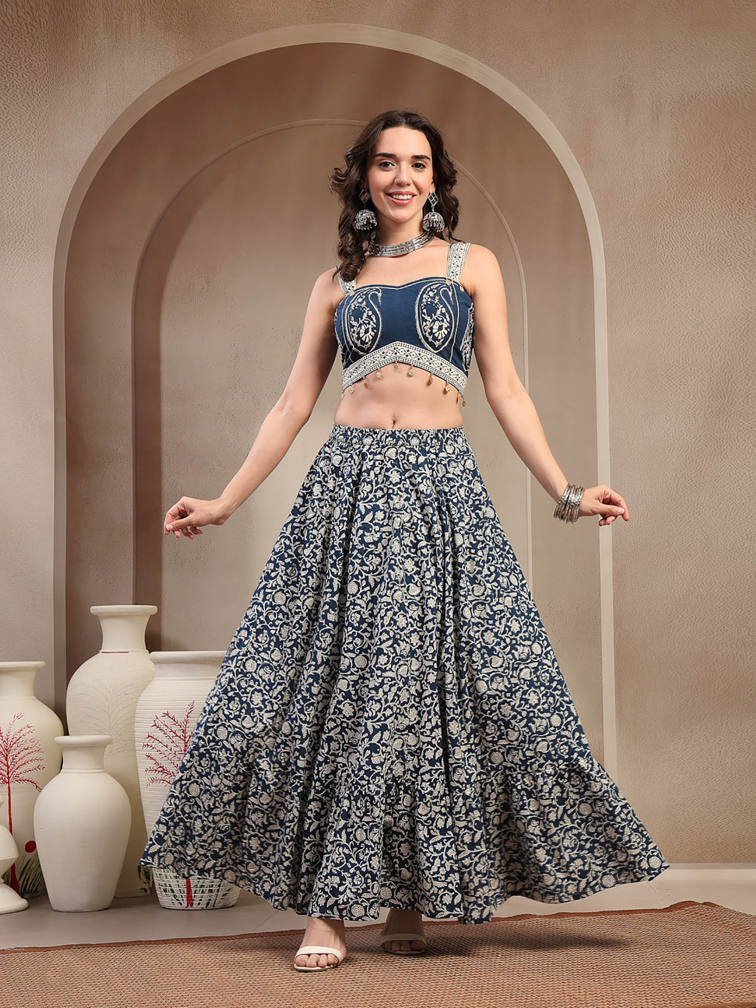 stylum Indigo Blue Floral Printed Cotton Crop Top with Skirt-picture-19