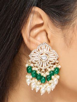 Azai by Nykaa Fashion - Green and Gold Floral Diamante and Beads Earrings