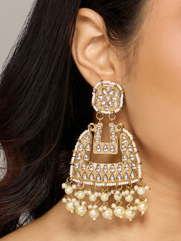 Azai by Nykaa Fashion - Gold and Off White Traditional Bead and Rhinestone Drop Earrings