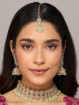 Azai by Nykaa Fashion - Green and Gold Traditional Floral Rhinestone Jewellery Set of 3
