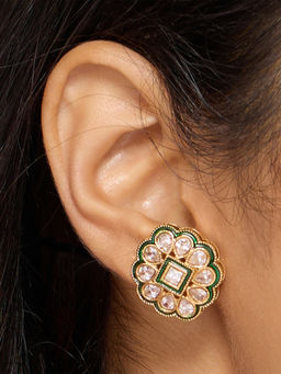 Azai by Nykaa Fashion - Green and Gold Kundan Style Floral Stud Earrings