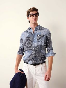 The Bear House - Blue Cotton Slim Shirt