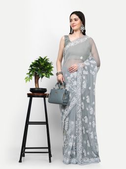 ADA - Hand Embroidered Lucknowi Chikankari Grey Georgette Saree with Unstitched Blouse