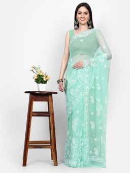 ADA - Hand Embroidered Lucknowi Chikankari Sea Green Georgette Saree with Unstitched Blouse