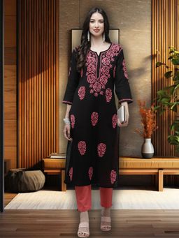 ADA - Women Black & Pink Ethnic Motifs Embroidered Chikankari Thread Work Kurta