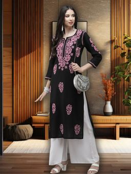 ADA - Women Black & Pink Ethnic Motifs Embroidered Chikankari Thread Work Kurta
