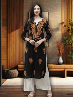 ADA - Women Black & Orange Ethnic Motifs Embroidered Chikankari Thread Work Kurta